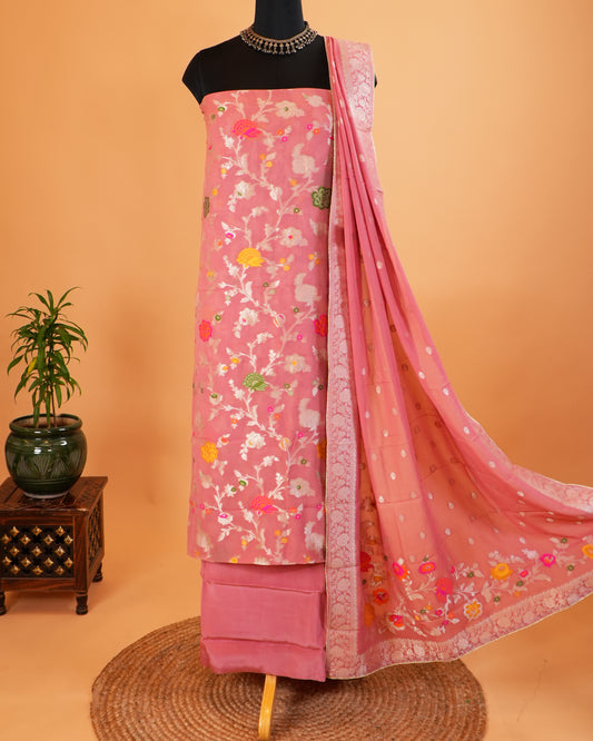 Light Pink Multicolour Georgette Khaddi Silk Suit Set