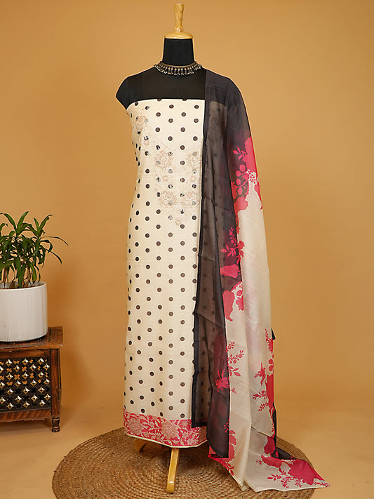 Cream & Magenta Mul Chanderi Polka Dot Suit Set