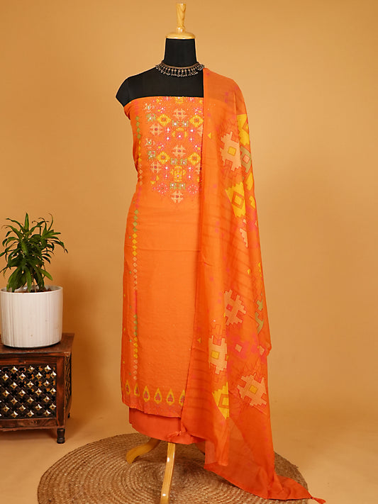 Vibrant Orange Pure Muslin Geometric Printed & Beadwork Suit Set