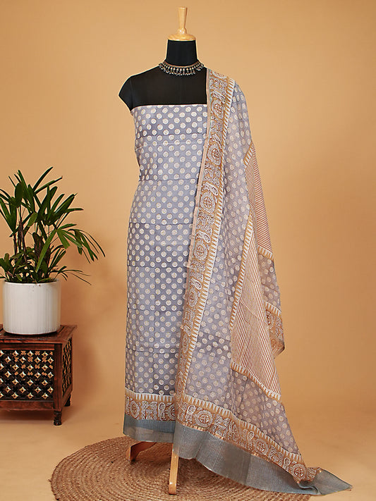 Powder Blue Printed Mul Chanderi Suit Set