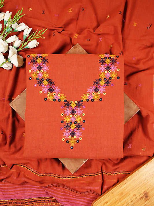 Rust Orange Kala Cotton Bhujodi Weaving Suit Set