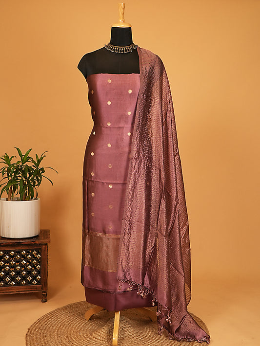 Dusky Plum Handloom Katan Silk Banarasi Booti Suit Set