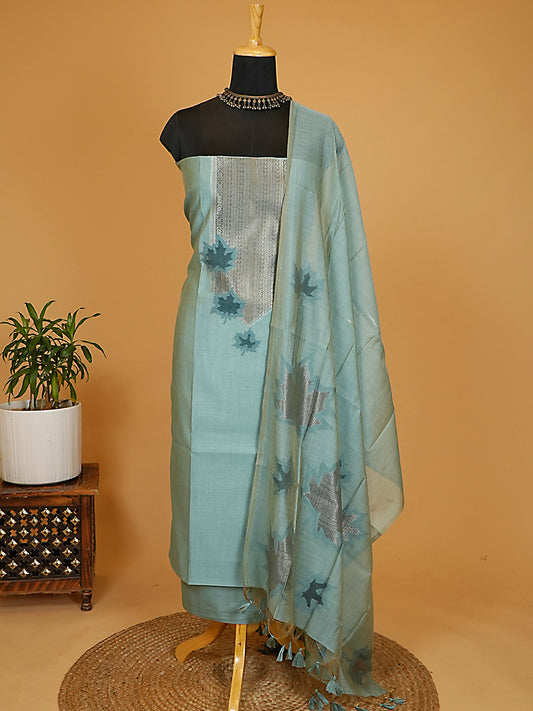 Dusty Blue Chanderi Silk Jamdani Suit Set with Silver Zari