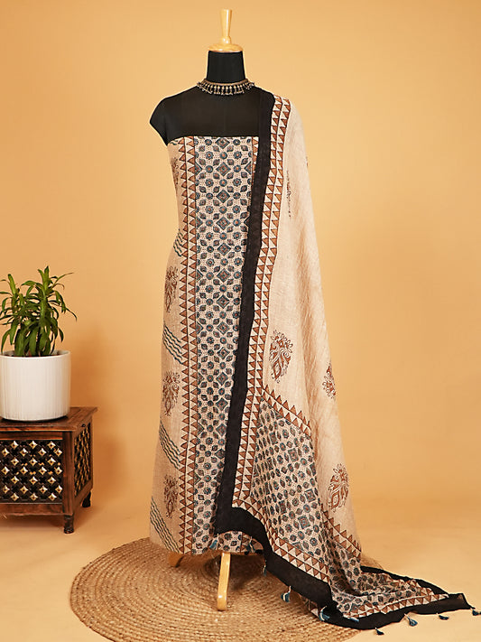 Natural Beige Geometric Panel Organic Ajrakh Crushed Linen Silk 2-Pc Suit Set