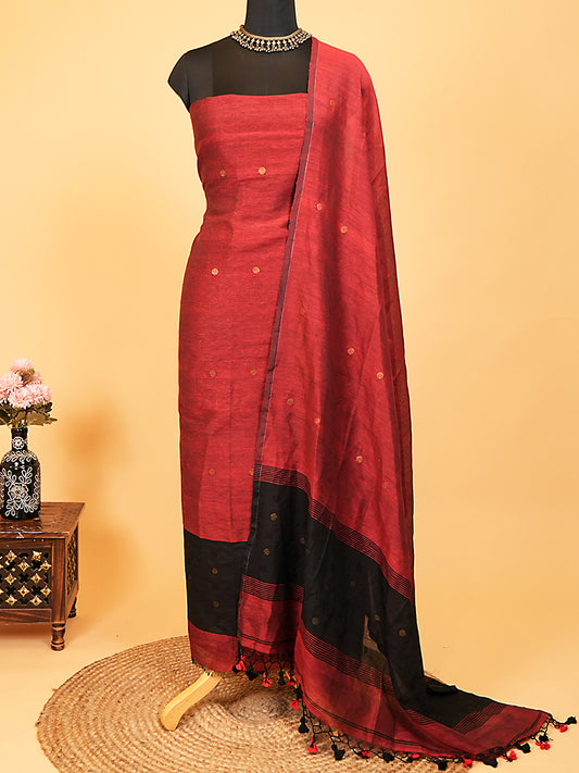 Red Jayshree Linen Jamdani Suit with Black Contrast Border