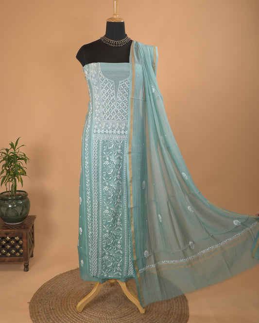 Ombre Blue Mul Chanderi Lucknowi Handwork Suit Set