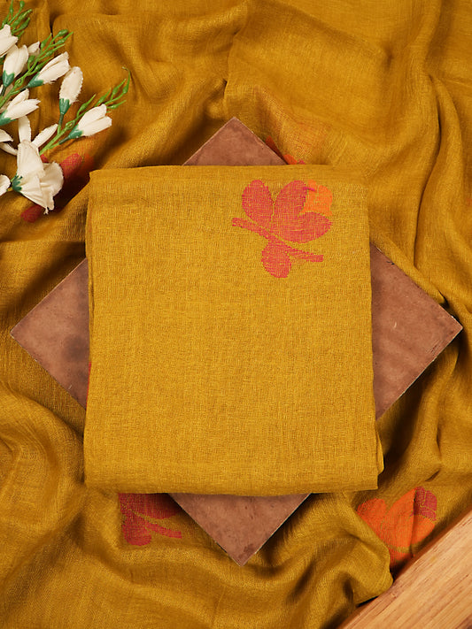 Ochre Mustard Pure Jayshree Linen Jamdani 2-Piece Suit Set