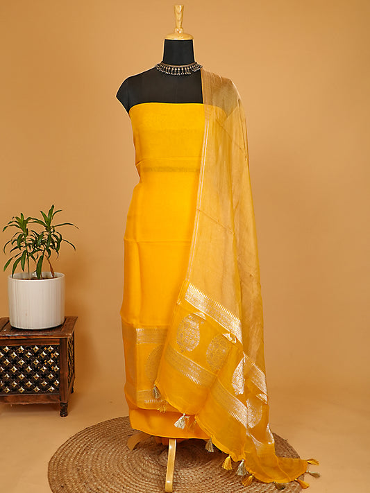 Vibrant Mustard Yellow Pure Kora Silk Banarasi Suit Set
