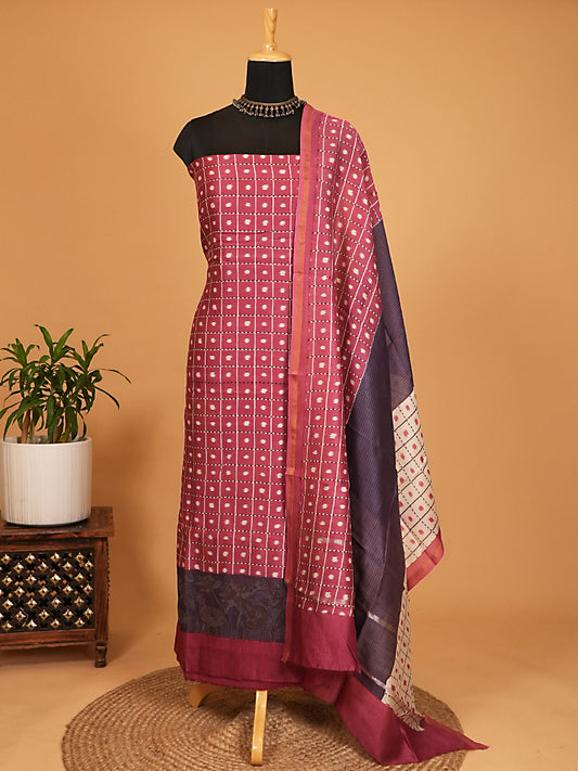 Berry Pink & Charcoal Maheshwari Silk Square Print Suit Set