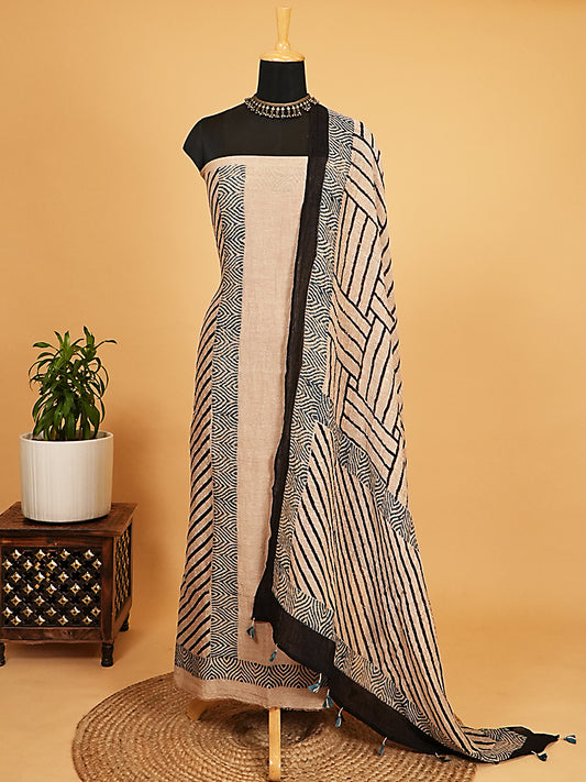 Beige Abstract Geometric Organic Ajrakh Crushed Linen Silk 2-Pc Suit Set