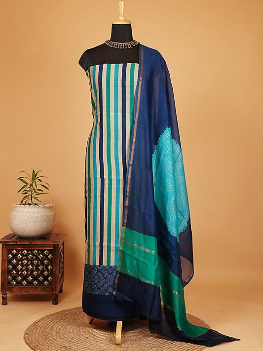 Blue & Teal Striped Maheshwari Silk Bandhej Suit Set