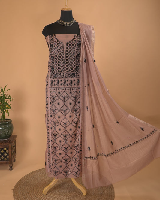 Dark Dusty Pink Mul Chanderi Lucknowi Suit Set