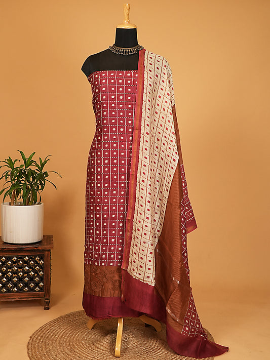 Brick Red & Rust Maheshwari Silk Square Print Suit Set