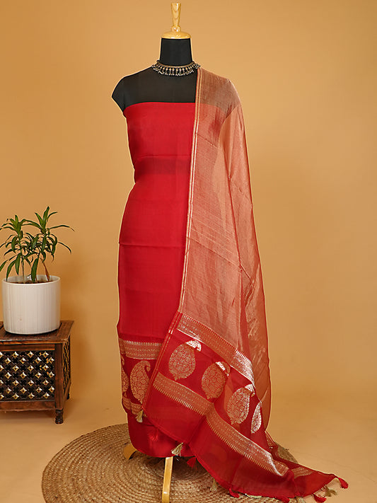 Crimson Red Pure Kora Silk Banarasi Suit Set