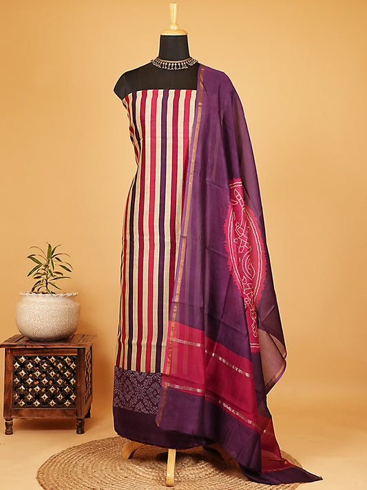 Purple & Magenta Striped Maheshwari Silk Bandhej Suit Set