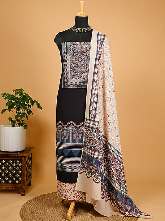 Black and Beige Handloom Cotton Ajrakh Suit Set