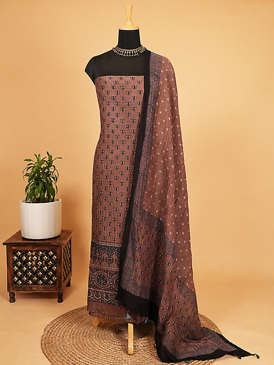 Earthy Brown Organic Ajrakh Crushed Linen Silk 2-Pc Suit Set