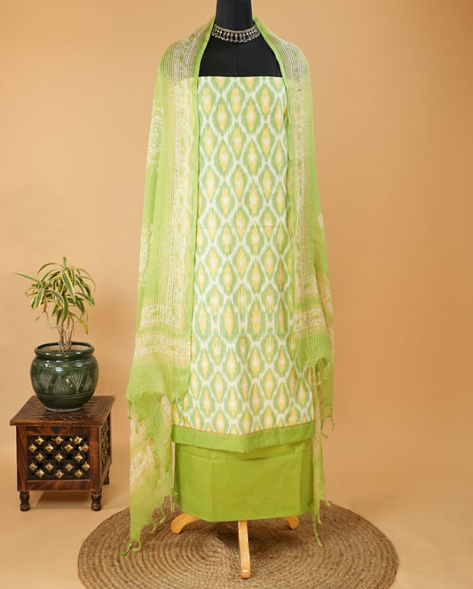 Handloom Cotton Light Green Ikat Print Suit Set