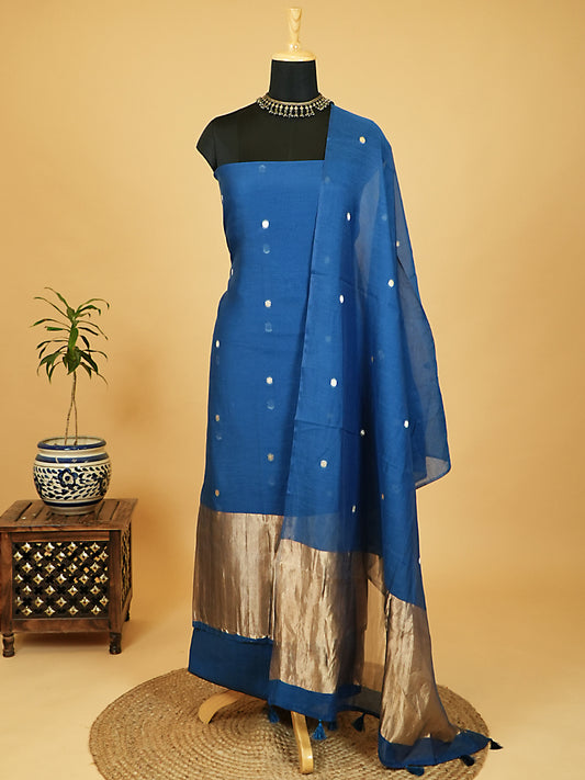 Blue Pure Mul Chanderi Suit with Polka-Style Banarasi Weaving
