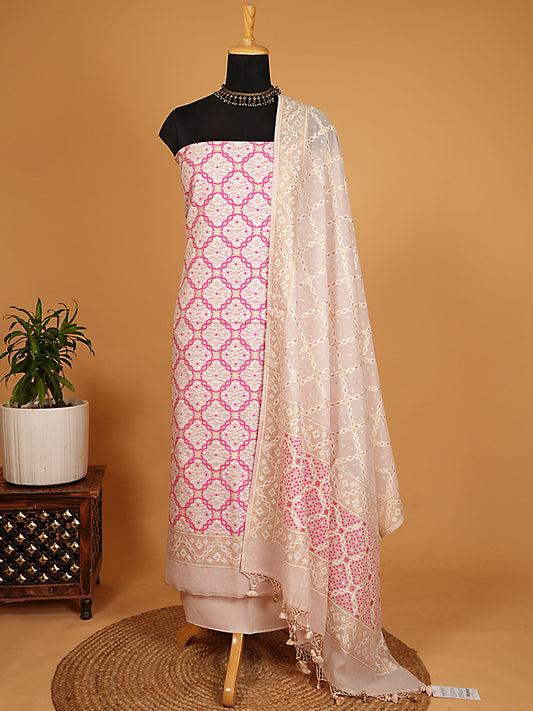 Blush Pink Pure Handloom Cotton Jamawar & Banarasi Woven Suit Set