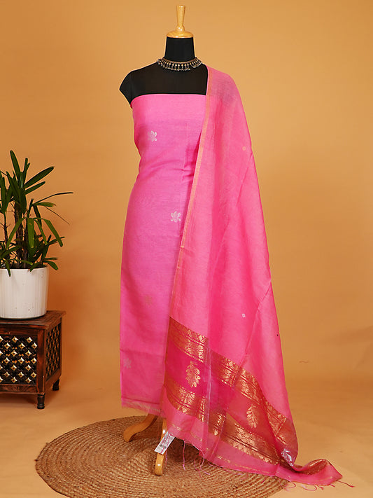 Bright Pink Pure Linen Silk Jamdani 2-Piece Suit Set