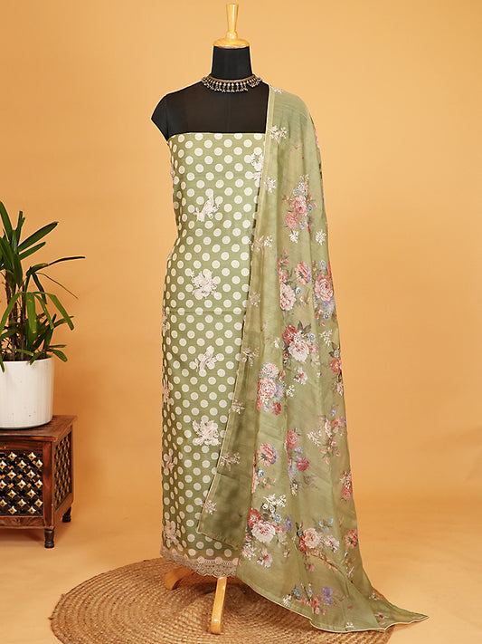 Green Mul Cotton Chanderi Polka Design Suit Set