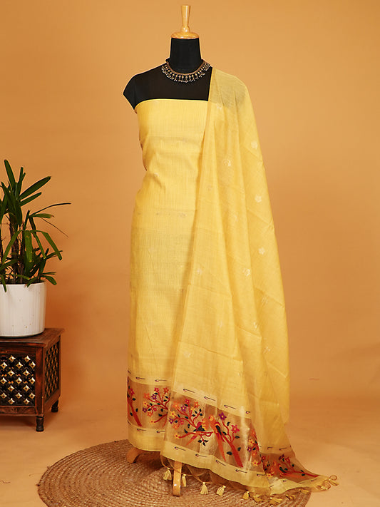 Yellow Chanderi Silk Jamdani Weaving Suit Set