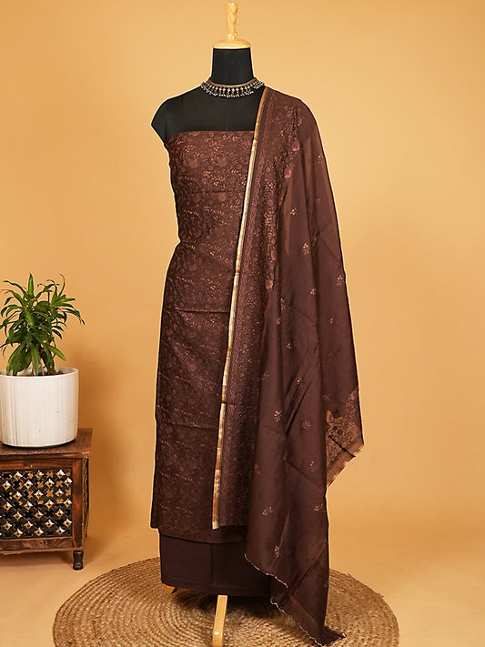 Chocolate Brown Maheshwari Silk Tonal Embroidered Suit Set