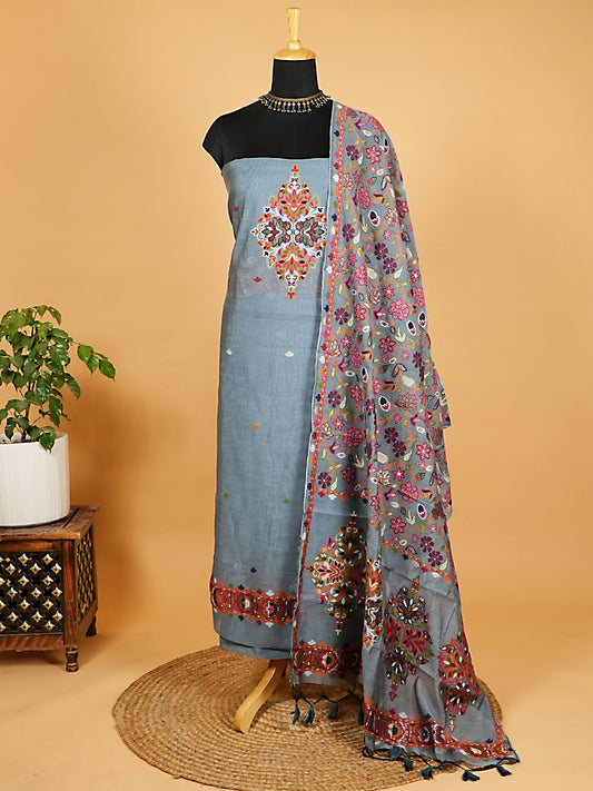 Grey Chanderi Silk Suit Set with Multicolour Jamdani Weaving