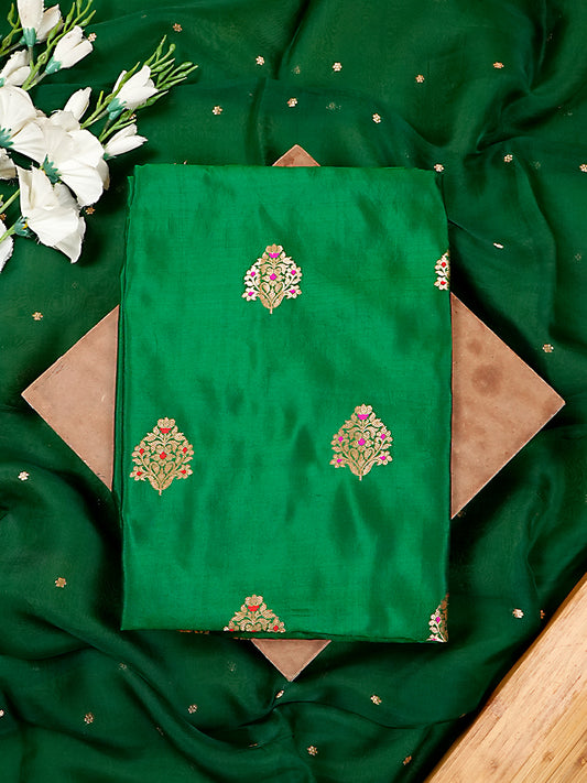 Emerald Green Pure Katan Silk Kadwa & Meenakari Banarasi Suit Set