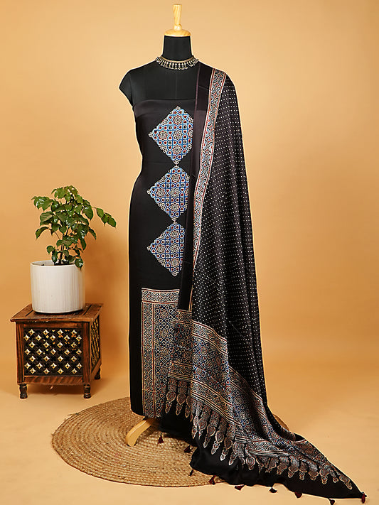 Jet Black Organic Ajrakh Modal Satin 2-Piece Suit Set