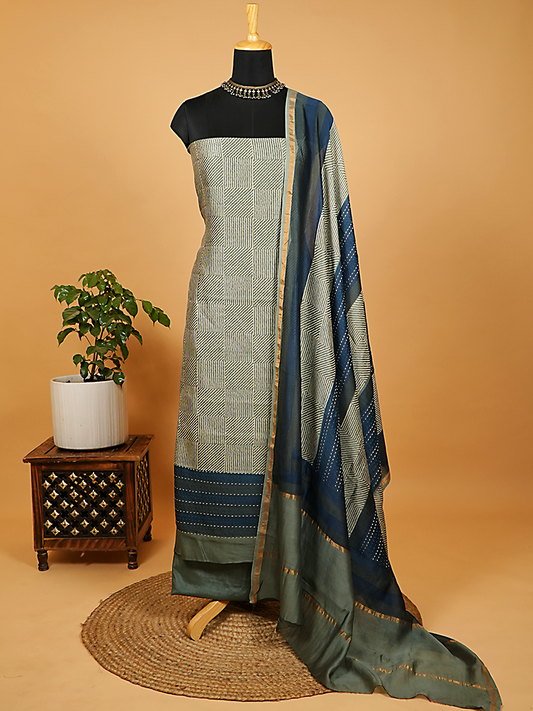 Navy Blue and Steel Grey Maheshwari Silk Suit Set