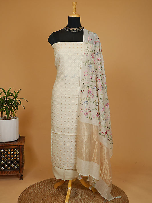 Off-White Handloom Cotton Jamawar Suit Set with Floral Embroidery Dupatta