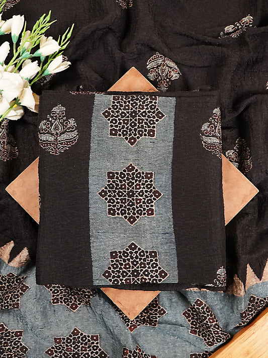 Classic Black Organic Ajrakh Crushed Linen Silk 2-Pc Suit Set