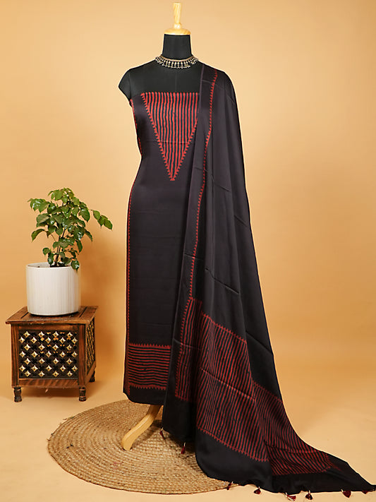 Jet Black and Crimson Red Organic Ajrakh Modal Satin 2 Piece Suit Set