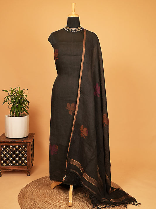 Charcoal Black Pure Jayshree Linen Jamdani 2-Piece Suit Set