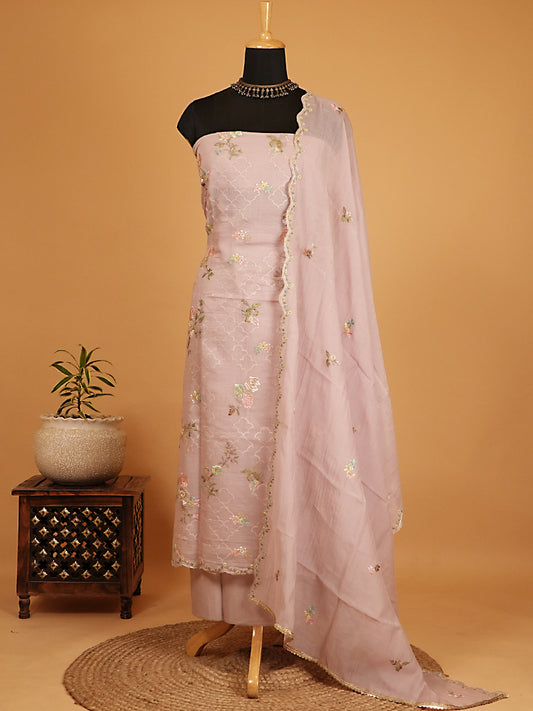 Pastel Pink Pure Mul Chanderi Floral Suit Set