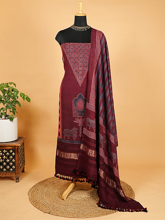 Maroon Pure Merino Wool Ajrakh 3 Piece Suit Set
