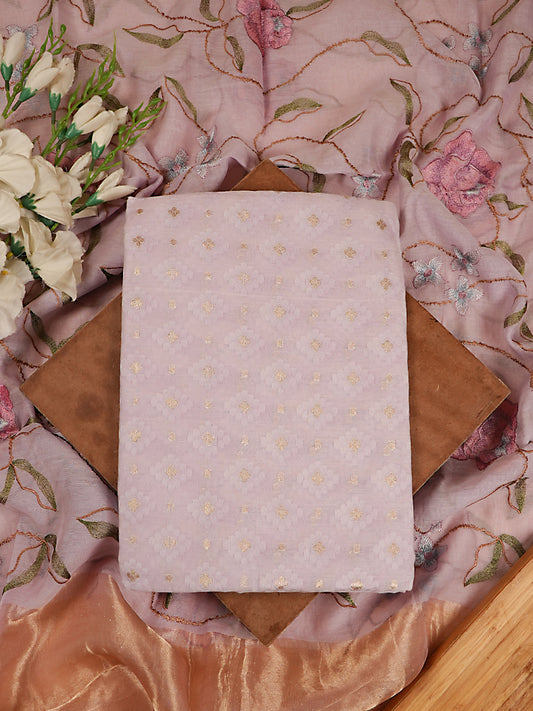 Soft Lilac Handloom Cotton Jamawar Suit Set with Floral Embroidery Dupatta