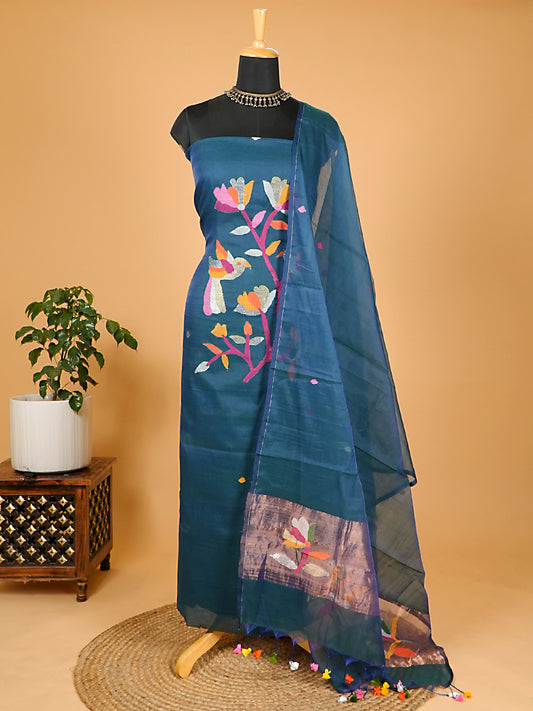 Teal Blue Muslin Jamdani 2-Piece Suit Set