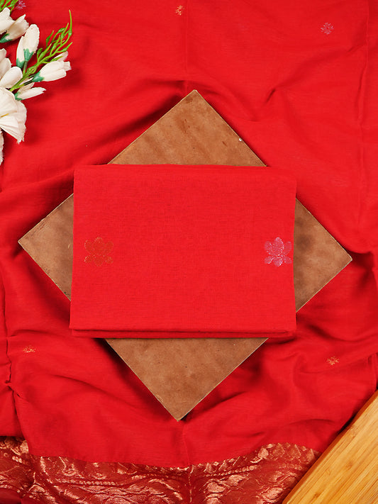 Radiant Red Pure Linen Silk Jamdani 2-Piece Suit Set