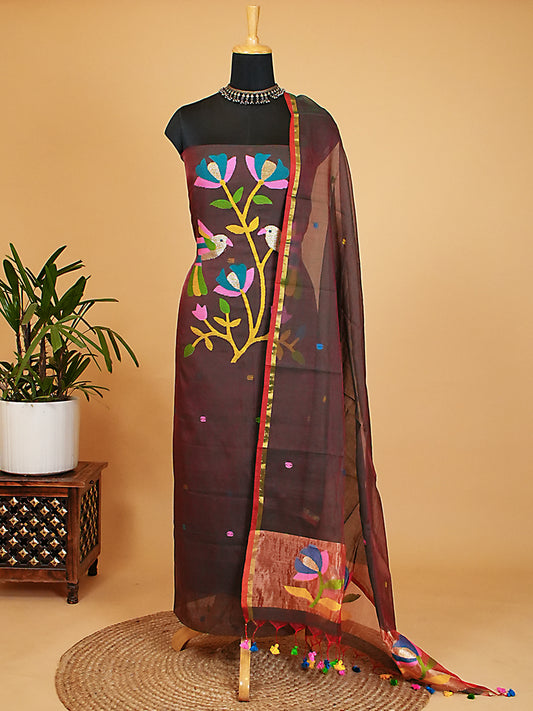 Deep Brown Muslin  Multicolour Jamdani 2-Piece Suit Set
