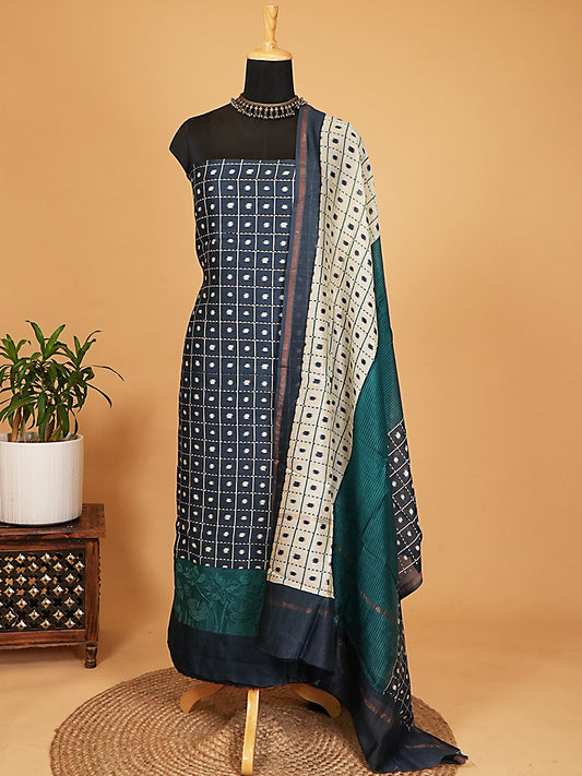 Navy & Teal Maheshwari Silk Square Print Suit Set