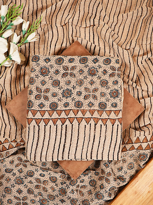 Natural Beige Striped Organic Ajrakh Crushed Linen Silk 2-Pc Suit Set