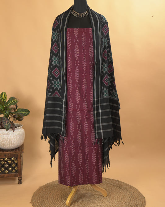 Maroon & Black Organic Cotton Handwoven Ikat Suit Set