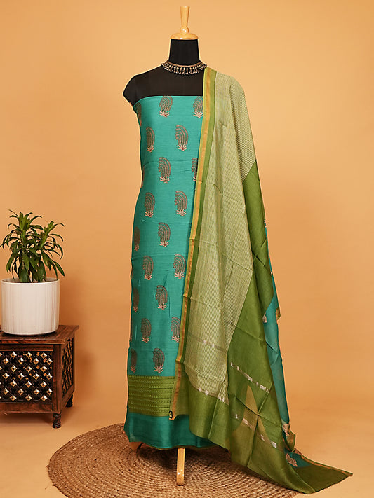 Firozi Printed Maheshwari Silk Suit Set with Green Dupatta