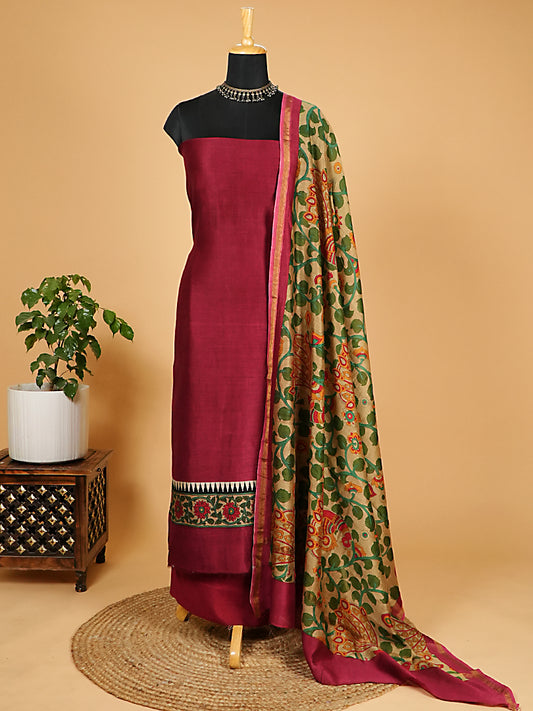 Magenta Maheshwari Silk Suit with Artistic Dupatta
