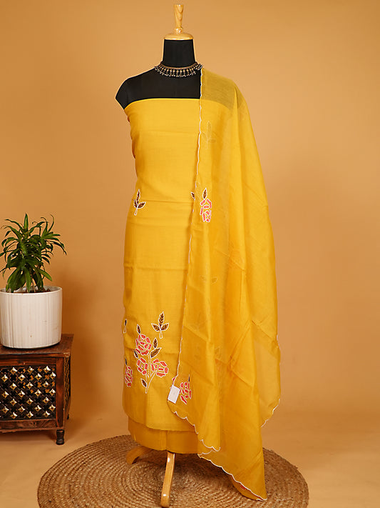 Sunshine Yellow Mul Chanderi Floral Threadwork Embroidered Suit Set