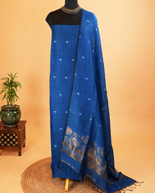 Jamdani Dark Blue Khadi Linen Banarasi Handwoven Suit Set