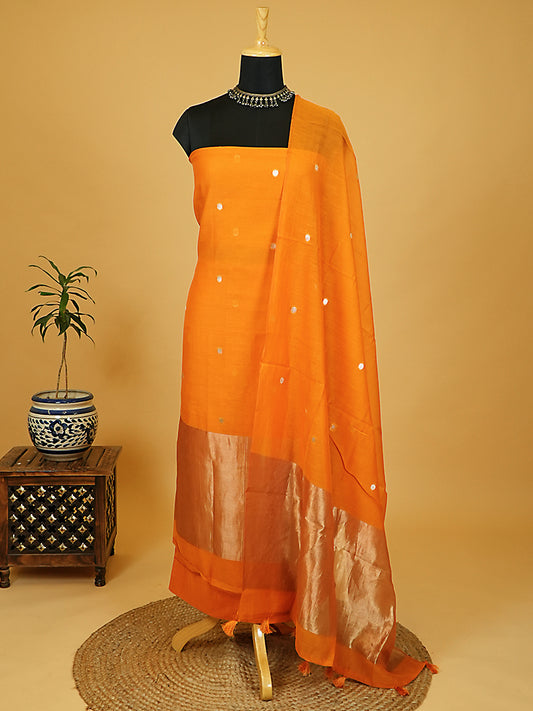 Orange Pure Mul Chanderi Suit with Polka-Style Banarasi Weaving